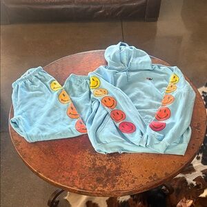 Aviator Nation Light Blue Sweatpants and sweatshirt with Colorful Smiley Faces